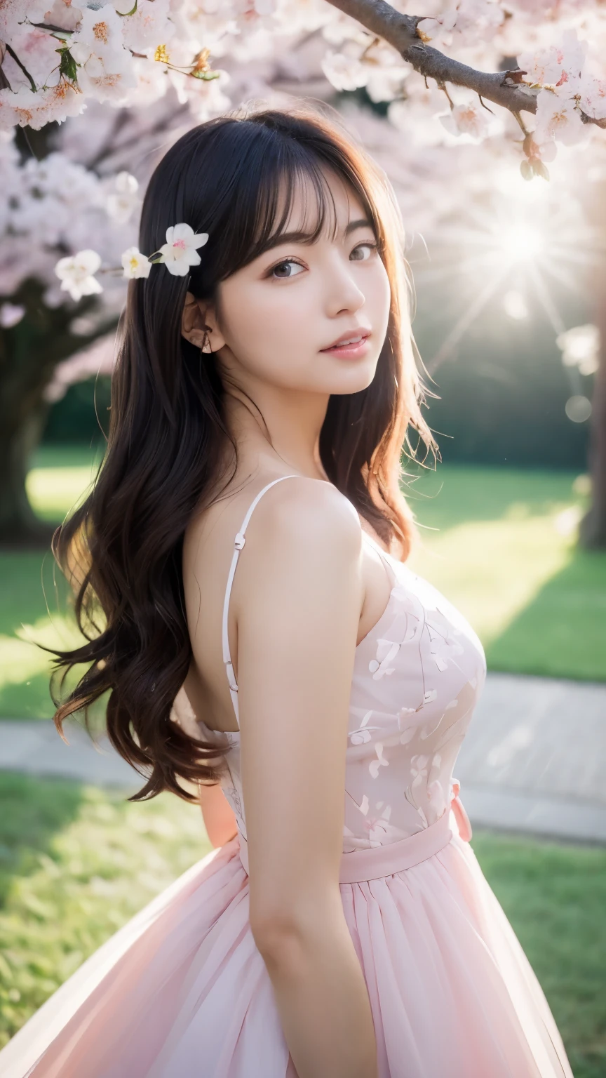 (logo、masterpiece、8k、Tabletop、RAW Photos、wonderful、最high quality、フォトリアリスティックでVery detailedな CG 統合 8k 壁紙、high quality、Very detailed、Narrative poem、Particle Effects、Dynamic Effects、Written boundary depth、Cinematic Light、Lens flare、Ray Tracing)、Fantasy、 (One beautiful woman、dress、dress、Cherry blossom pattern、Black-haired、Beautiful Face、True Face、Beautiful details、eye、Beautiful Skin)、髪がWindで踊る、Hair flutters in Wind、Hair bounces、Pink cherry blossom tree、Petals fluttering、SakuraFubuki、wonderful景色、sunrise、Sun in the background、Wind