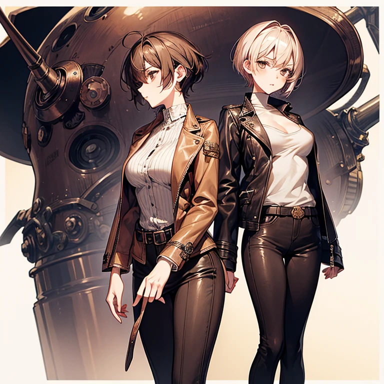 Steampunk Girl、Otome、Tokimeki、Cute slender beauty、leather jacket、short、Pixie Cut、short nape、Large breasts、Beautiful nape、expensive、Girlish、model like、Tight skinny pants、delicate、Slender body、Red cheeks、
