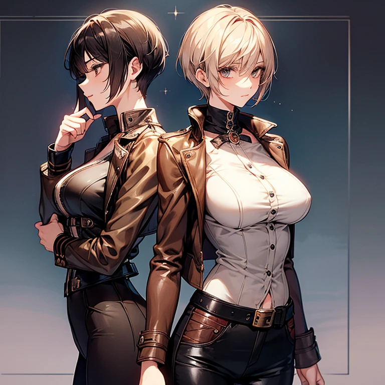 Steampunk Girl、Otome、Tokimeki、Cute slender beauty、leather jacket、short、Pixie Cut、short nape、Large breasts、Beautiful nape、expensive、Girlish、model like、Tight skinny pants、delicate、Slender body、Red cheeks、