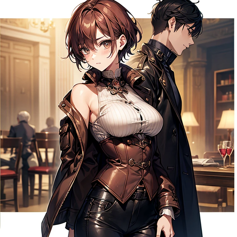 Steampunk Girl、Otome、Tokimeki、Cute slender beauty、leather jacket、short、Pixie Cut、short nape、Large breasts、Beautiful nape、expensive、Girlish、model like、Tight skinny pants、delicate、Slender body、Red cheeks、