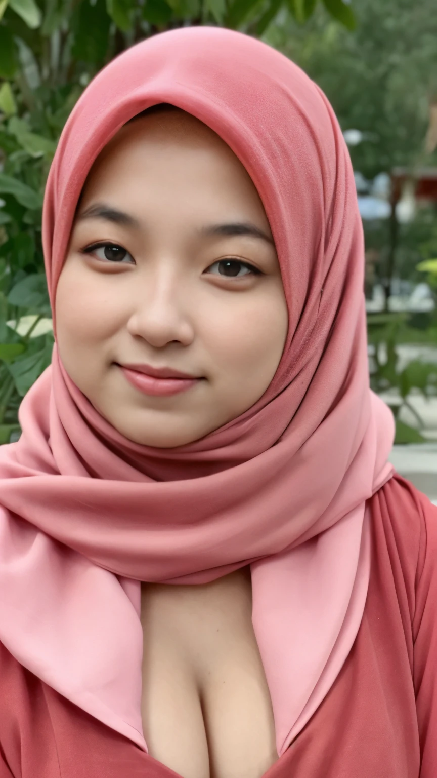 a portrait of a blonde girl with red hijab and red shirt, cleavage , sfw