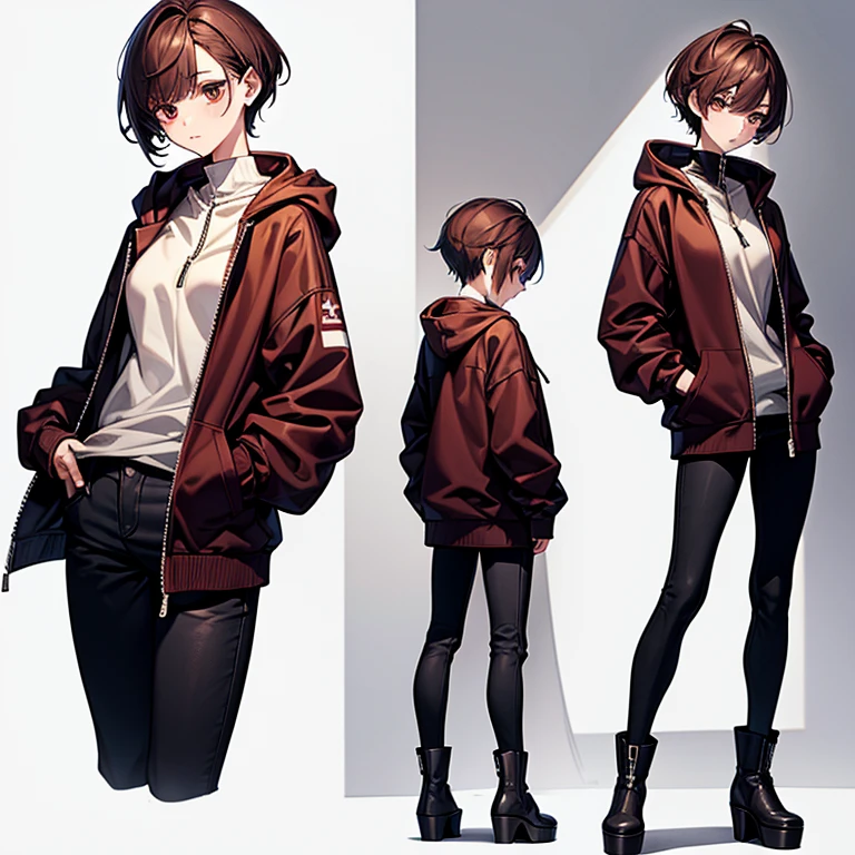 masterpiece、Subtle details、Slender beauty、Put on the hood、slim、Small breasts、Sharp eyes、younger sister、Pixie Cut、Short nape、Oversized zip-up jacket(hoodie)、Tight skinny pants、Platform boots、Reddish brown hair、