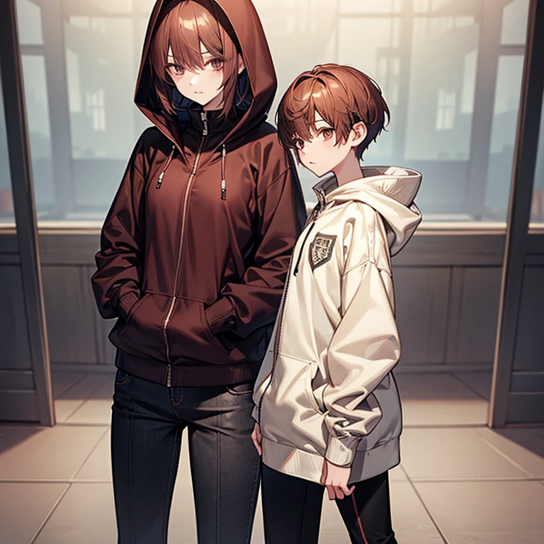 masterpiece、Subtle details、Slender beauty、Put on the hood、slim、Small breasts、Sharp eyes、younger sister、Pixie Cut、Short nape、Oversized zip-up jacket(hoodie)、Tight skinny pants、Platform boots、Reddish brown hair、