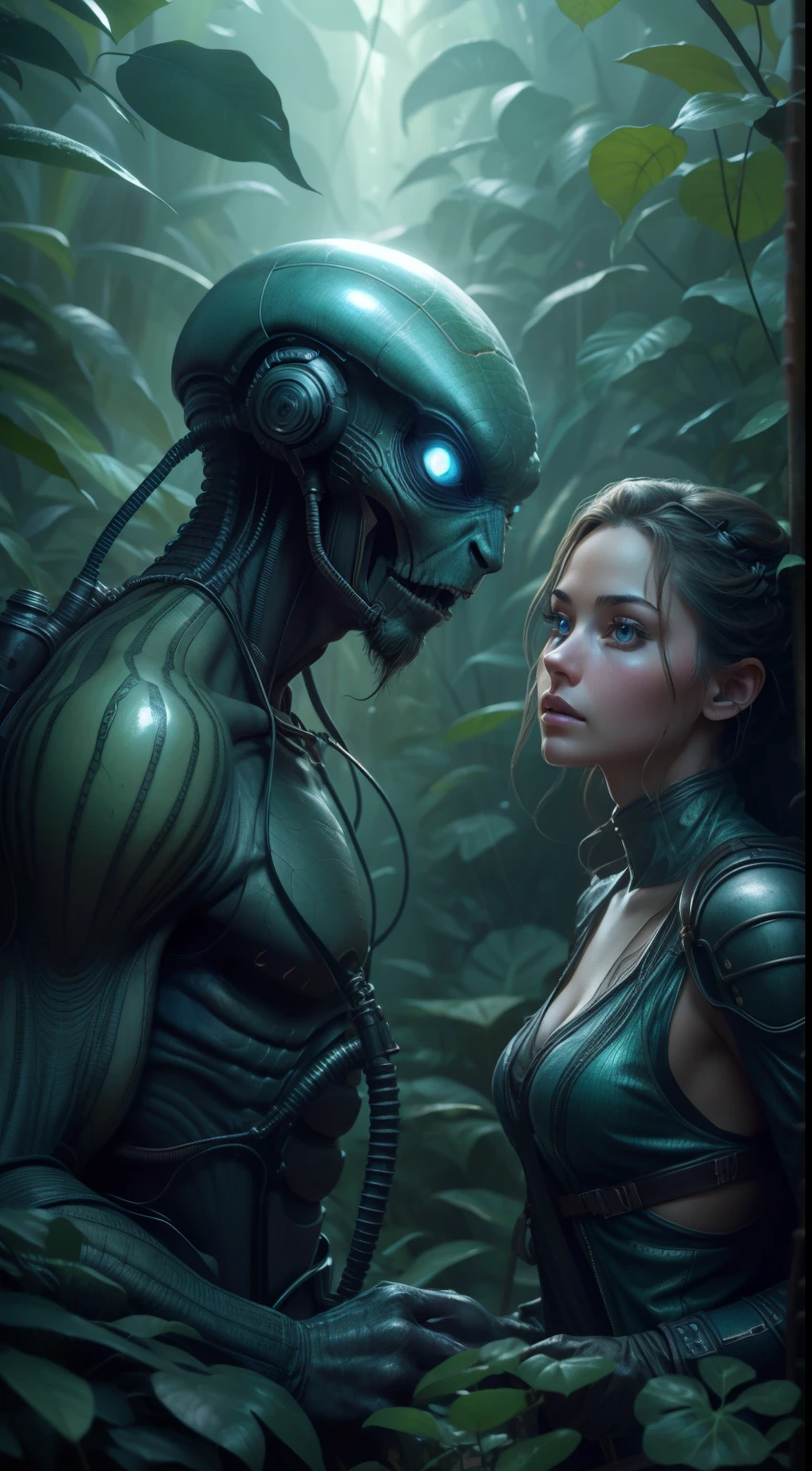"An alien guest meets a man" in a jungle environment,  Highly detailed, Extremely detailed, delicate detail, crisp quality, ultra realistis, A hyper-realistic, surrealism, Dark art, Cinematic,  thousand., A still from Steven Spielberg's epic film, sharp-focus, Smoke, ArtStation Hyperrealism Painting Concept Art Detailed Character Design,