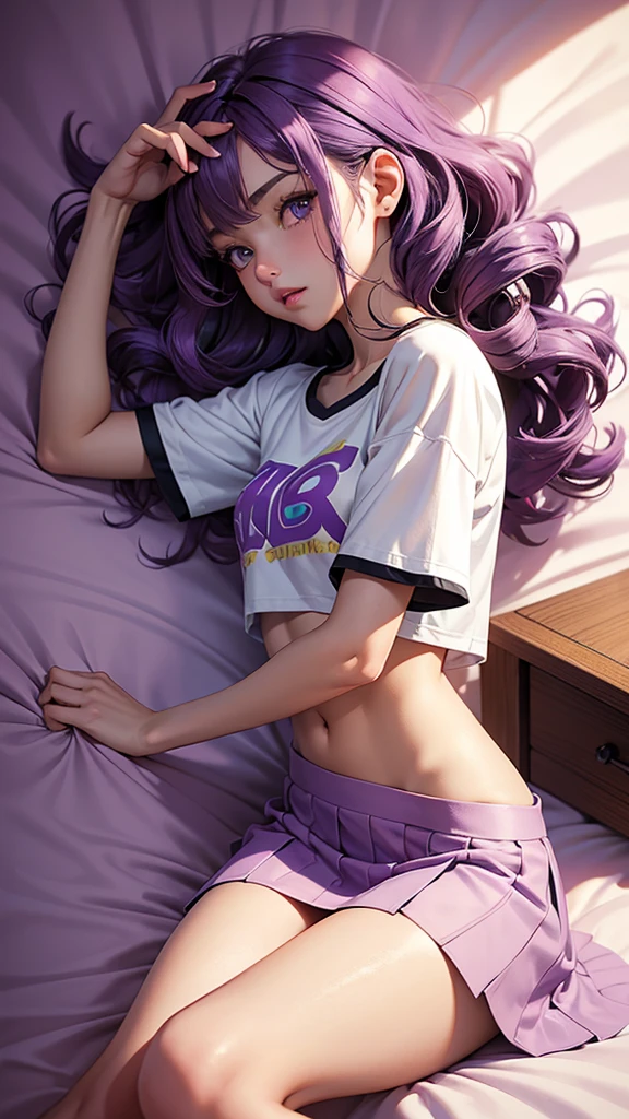 (masterpiece), (best quality), (detailed), light layer, 1solo girl, young girl, perfect body, purple hair in curls, defined large chest, small waist,defined collarbone, ultra realistic, photorealistic, detailed, ,Enhance, wearing a anime shirt and mini skirt, bedroom background, lying on her back on he bed, side view