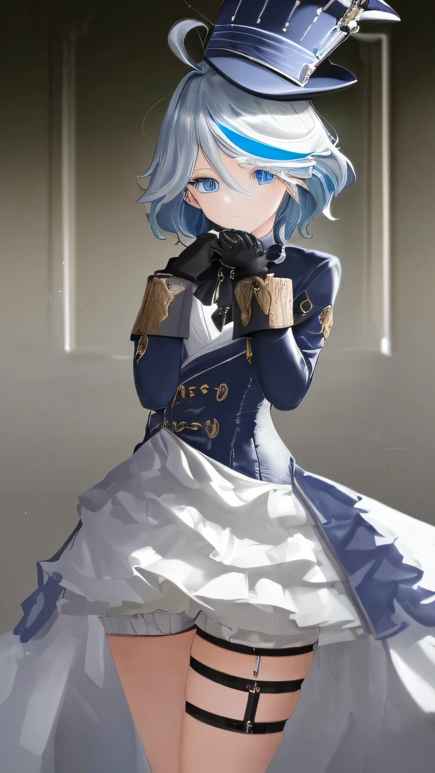 (absurdres, ultra detailed, texture:1.2),highres,(masterpiece),(best quality),(delicate illustration) BREAK  solo,1girl,hands on chin furina, blue eyes, blue hair, cowlick, ahoge, hair over one eye, light blue hair, short hair,asymmetrical gloves, black gloves, frills, gloves, half gloves, hat, shorts, tailcoat, thigh strap, top hat, white gloves, white shorts,  theater