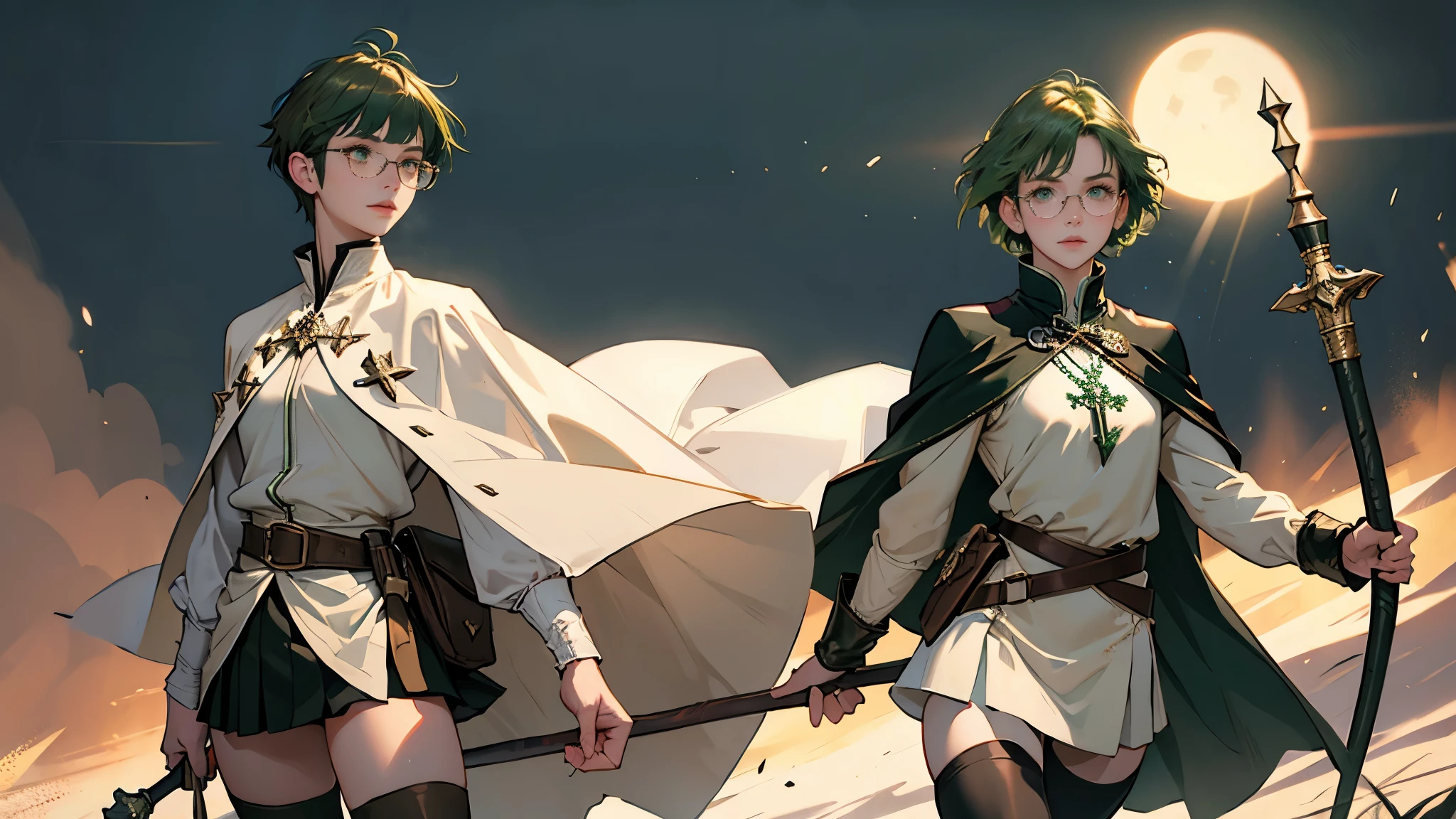 masterpiece, ultra detailed, 8k portrait, RAW photo, portrait photography, highly detailed face, beautiful and meticulous eyes, ((Fantasy)), Young beautiful, , girl, dynamic pose, (((short deep green bobbed hair))), blunt bangs, White skin color, glasses, Luxury, (((tunic and short skirt))), (((brown cape))), (((little waist hip pouch))), (((dark thigh high tights))), high cut leather boots, ((holding long magical staff)), Midday Sun, hyper realistic, slender body, flat chest, Long legs, on the medieval road, Ambient lighting, Shadow details , Camera focus on face, strong breeze, Light fog