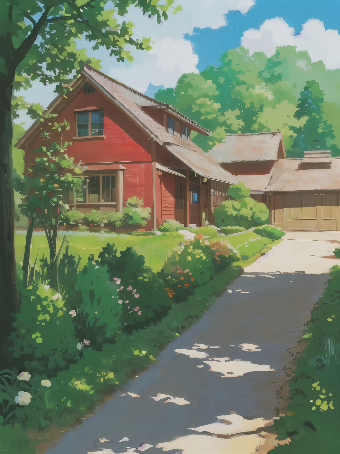 (((best quality)))), painting of a ((red car)) street in front of a house, digital cartoon painting art, painted in anime painter studio, stylized digital illustration, highly detailed digital painting, digital painting highly detailed, high quality digital painting, realistic painting style, very detailed digital painting, beautiful digital painting, cartoon digital painting, detailed digital painting, made with anime painter studio, studio ghibli sunlight, summer 