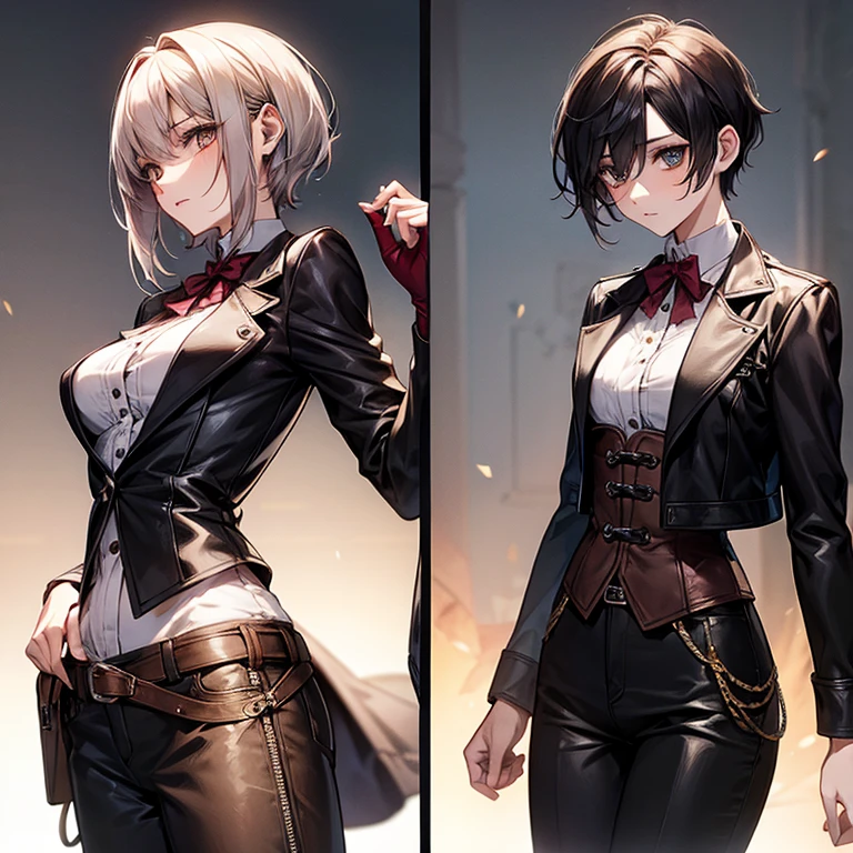 Steampunk Girl、Otome、Tokimeki、Cute slender beauty、leather jacket、short、Pixie Cut、short nape、Modest chest、Beautiful nape、expensive、Girlish、model like、Tight skinny pants、delicate、Slender body、Red cheeks、