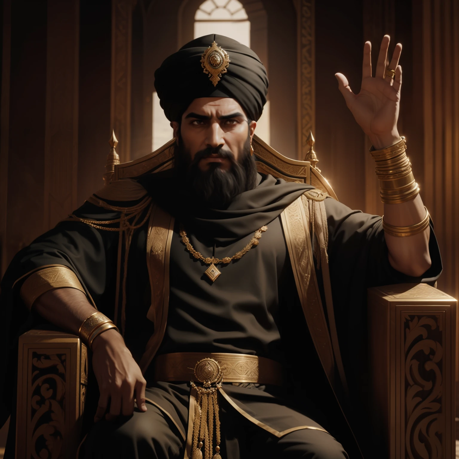 4k, unreal engine, a persian king giving order by rasing his hand high while sitting on his throne, wearing black color turban on his head bright day light , day time , shiny bright background