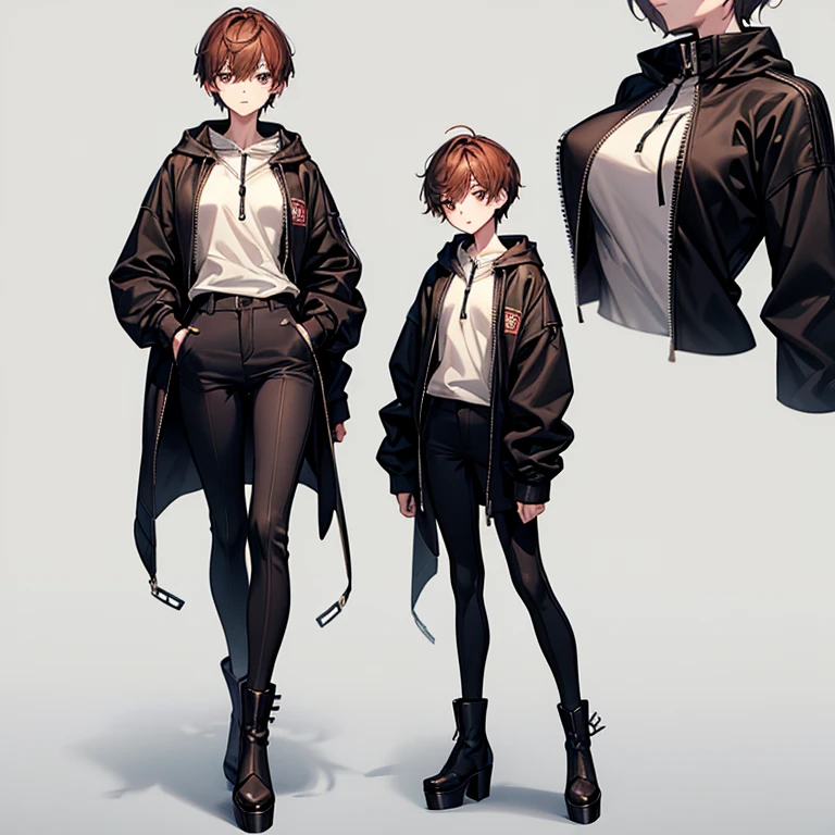 masterpiece、Subtle details、Slender beauty、Put on the hood、slim、Small breasts、Sharp eyes、younger sister、Pixie Cut、Short nape、Oversized zip-up jacket(hoodie)、Tight skinny pants、Platform boots、Reddish brown hair、