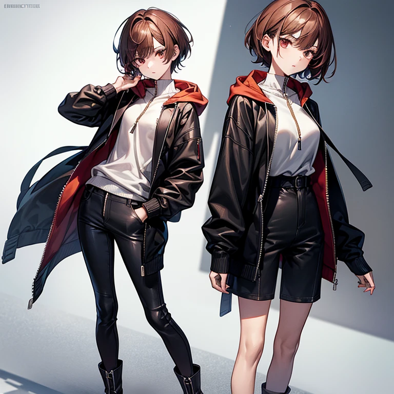 masterpiece、Subtle details、Slender beauty、expensive、slim、I like that style、Small breasts、Sharp eyes、sister、Pixie Cut、Short nape、Oversized zip-up jacket、Tight skinny pants、Platform boots、Reddish brown hair、
