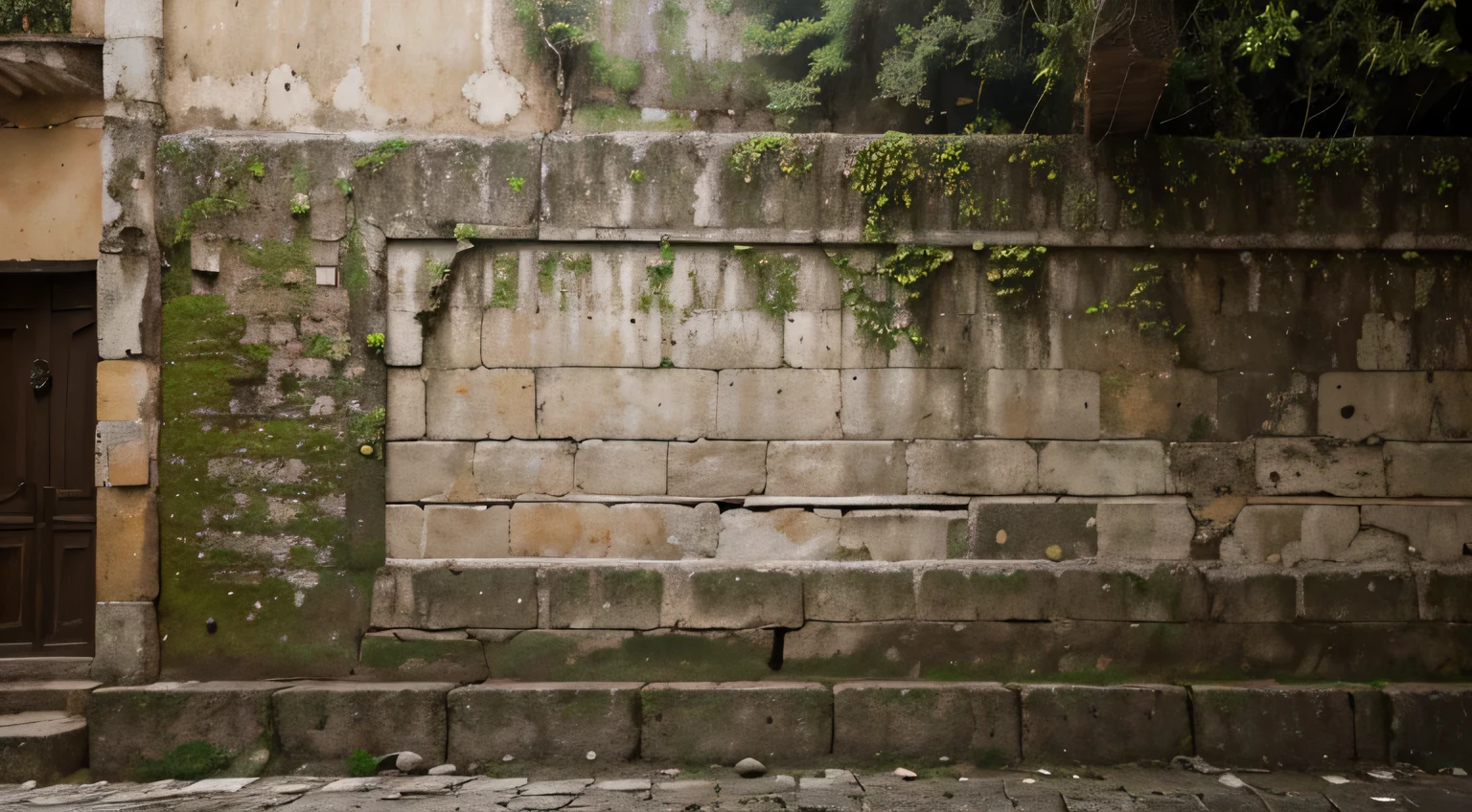 ancient wall in an empty street (((Estácio-Rio de Janeiro))), rough texture, cracks, moss growth, deserted atmosphere, dim lighting, outdoor advertising billboard with a melancholic man, highest quality (4k, masterpiece:1.2), ultra-detailed, realistic (photo-realistic:1.37), earthy tones, vintage color palette, subtle lighting