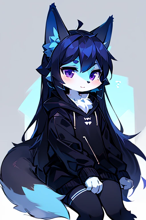 1 girl, anthropomorfic fox, anthro, fox, blue fur, blue boddy, white details, purple eyes, e621, black clothage, black ears, black  paws, blue hair, long hair, cute, chibi, holding two revolvers.