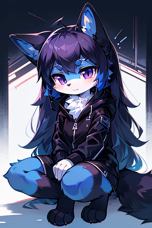 1 girl, anthropomorfic fox, anthro, fox, blue fur, blue boddy, white details, purple eyes, e621, black clothage, black ears, black  paws, blue hair, long hair, cute, chibi, holding two revolvers.