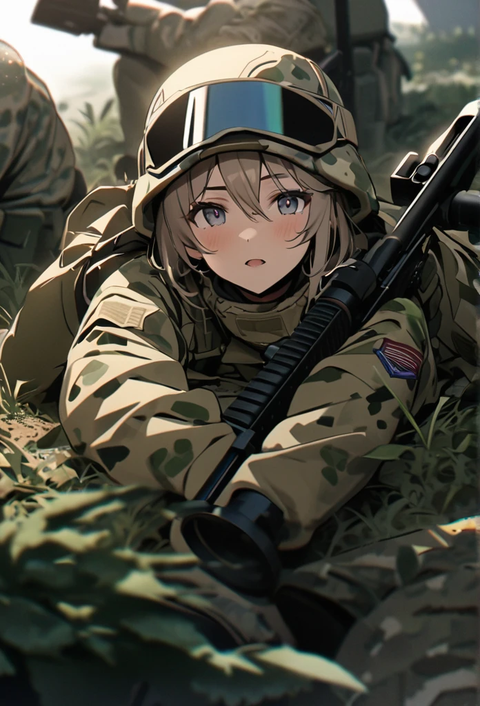 High quality, high definition, high precision images,8k Full HD.1 girl.America,army Modern soldier,Hide in the bushes and assume a sniper position,sniper rifle,Put on a helmet,(camouflage) (Lying on the ground).(Full face camouflage makeup),Covering the body in a giri suit.A flock of rabbits