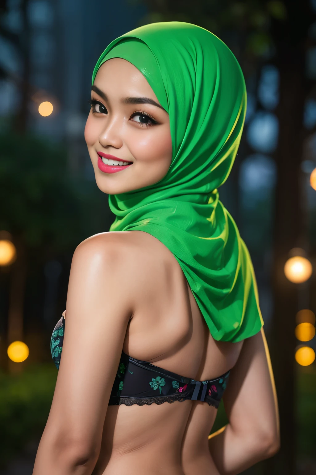 (Happy smile), (((HIJAB MALAY GIRL))), masutepiece, High quality, UHD 32K, Realistic face, Realistic skin feeling , A Japanese Lady, 8 years old, , Very cute and baby-like face, (((FLAT CHEST))), (Night time at forest), ((look In front at the camera and SADNESS)), (((GREEN FLUORESCENT))), (((CUTE GIRL))), ((GREEN FLUORESCENT LIPS)), ((Floral Pattern)) little wearing strapless bra, strapless colorful bra, dark night background , black forest night, horror scary place (from behind up) seductive pose