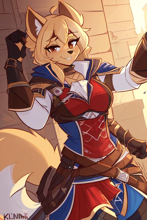 ((8k, 4k, Detailed, High quality, masterpiece, perfect anatomy)), Assassin's Creed, furry, female, mature female, ((by Kilinah, fluff-kevlar)), golden retriever, sexy body, breasts, cute face, brown eyes, fluffy tail, Assassin's Creed armor, Assassin's Creed outfit,
