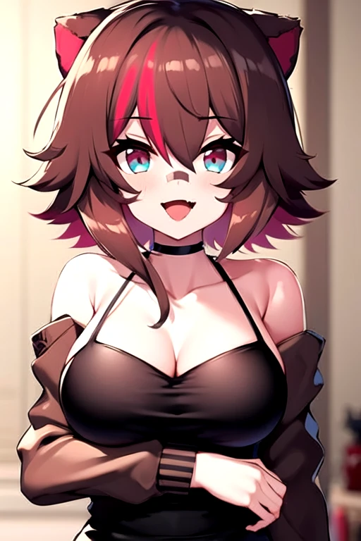 Rakkun, 1girl, solo, breasts, looking at viewer, smile, short hair, open mouth, bangs, blue eyes, large breasts, brown hair, shirt, long sleeves, animal ears, cleavage, hair between eyes, bare shoulders, collarbone, jacket, upper body, red hair, multicolored hair, choker, fang, virtual youtuber, blurry, two-tone hair, streaked hair, halterneck, white choker, ;d, bandaid, skin fang, brown jacket, colored inner hair, multicolored eyes, bandaid on face, photo, raccoon ears, bear ears, colored tips, bandaid on nose, raccoon girl,  sexy,cuerpo completo,vestido,