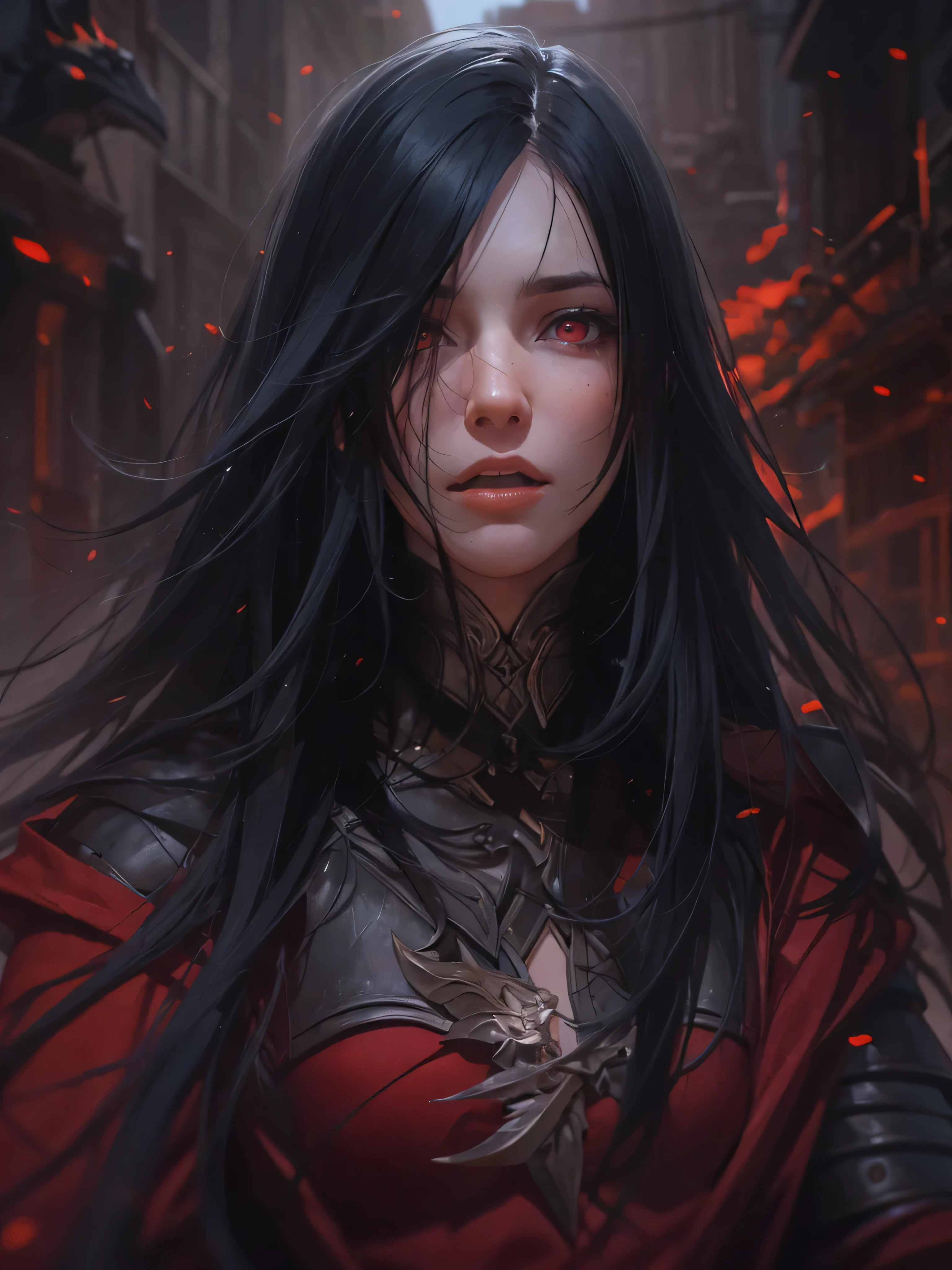 (by Greg Rutkowski: 1.2), (masterpiece), ((best quality)), extremely delicate and beautiful, illustration, (fantasy landscape), A mesmerizing fantasy with enchanting elements blending seamlessly. ((1girl, (long black straight hair), dark knight,red eyes,beautiful face, upper body,(black Armor and red robe), realistic photo,Evil laugh,)), HD. elegance. photorealism. Unreal engine.  From Brian Froud and Carne Griffiths and Wadim Kashin and John William Waterhouse, 8K post-production, high resolution, hyperdetailed, depth of field, HDR, intricate