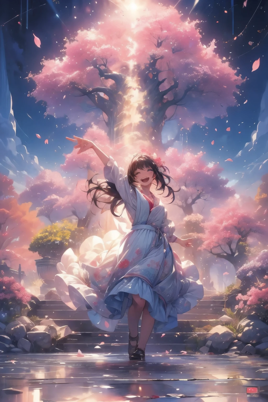 (((masterpiece))), (best quality), (ultra detail), (very_high_resolution), (large_filesize), (full color), One woman, 30 years old, While enjoying cherry blossom viewing、I drank too much and collapsed, They were drinking alcohol very happily.、Laughing with big mouth open, Cherry blossoms are dancing、Cherry blossom petals are falling, Sunlight on trees々The light is shining through the gaps and it's dazzling., I'm drunk, ((watercolor))