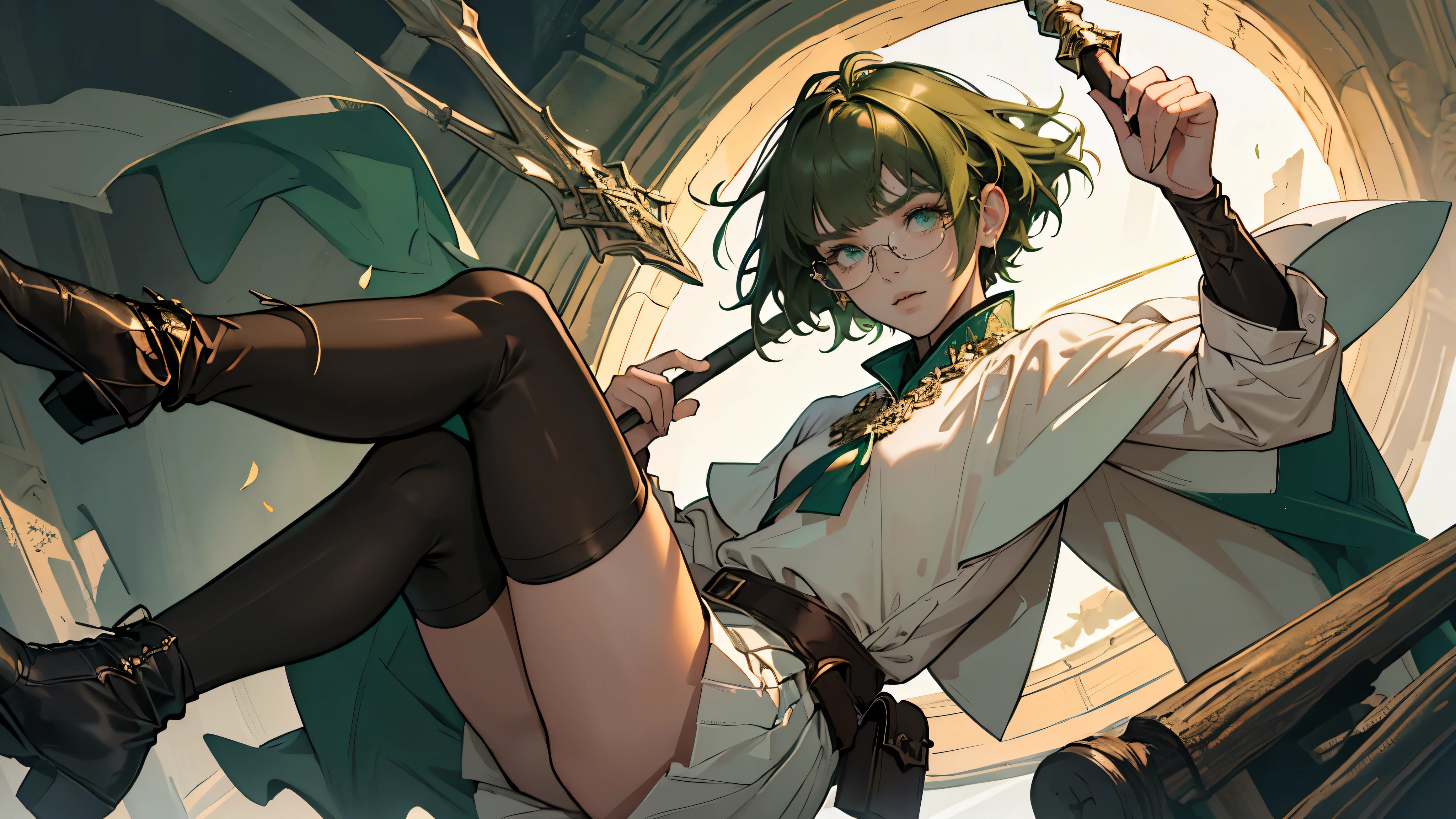 masterpiece, ultra detailed, 8k portrait, RAW photo, portrait photography, highly detailed face, beautiful and meticulous eyes, ((Fantasy)), Young beautiful, , girl, dynamic pose, (((short deep green bobbed hair))), blunt bangs, White skin color, glasses, Luxury, (((tunic and short skirt))), (((brown cape))), (((little waist hip pouch))), (((dark thigh high tights))), high cut leather boots, ((holding long magical staff)), Midday Sun, hyper realistic, slender body, flat chest, Long legs, on the medieval road, Ambient lighting, Shadow details , Camera focus on face, strong breeze, Light fog
