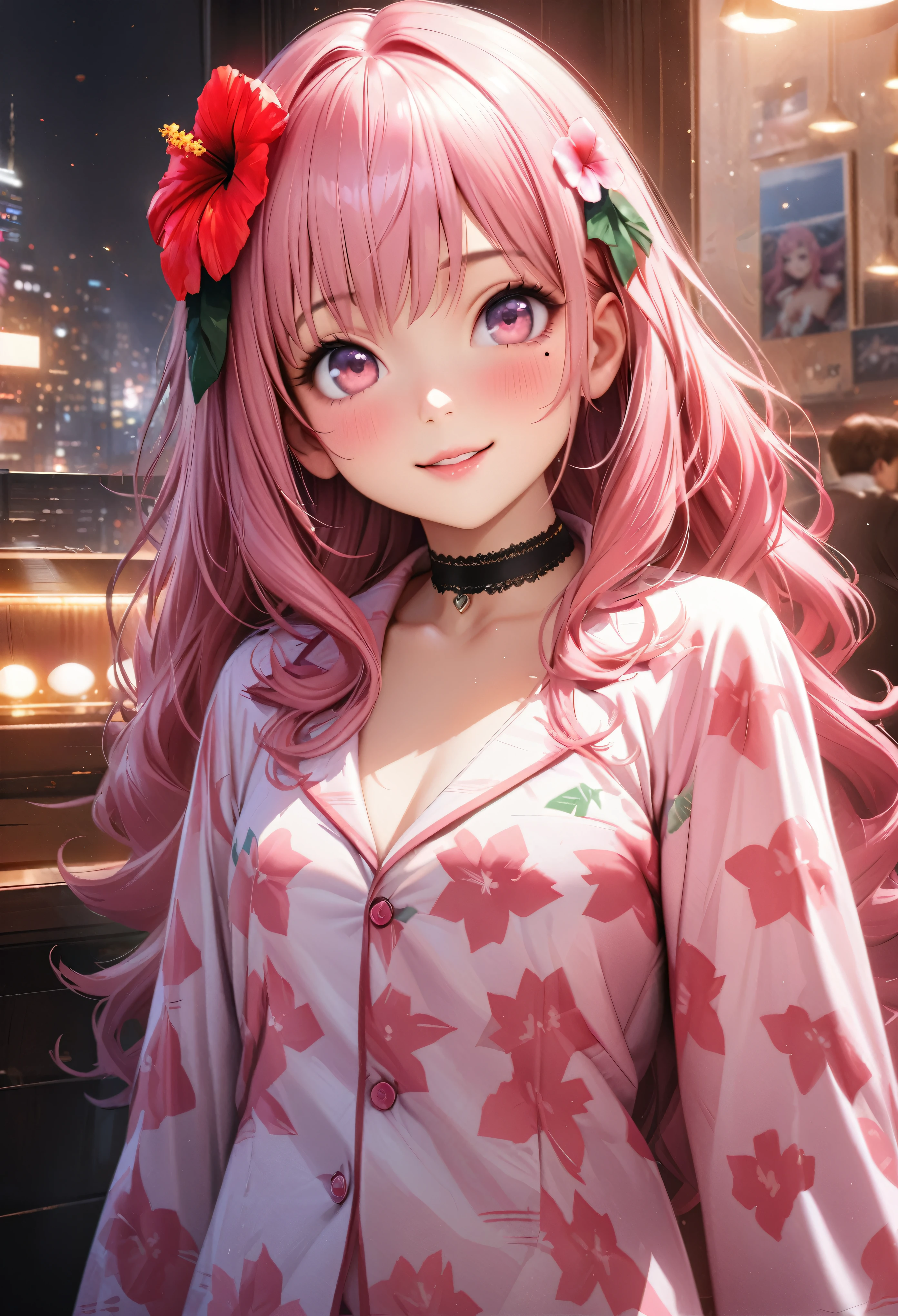 masterpiece, highest quality, Very detailed, High resolution, Expensive resolution, High resolution, 4K, 8k, unity 8k wallpaper, Very detailed CG, masterpiece, Realistic、 Beautiful details, depth, Fine texture, highest quality: 1.3, Total concentration, Crisp skin, he, Very cute anime, Cute like an idol, expensive pink long hair, One Girl, Aloha One Pajamas, night、 Hibiscus Hair Accessories, Smiling long pink hair, whole body, Mole under eye, Line Sight, expensive, blush, Lips parted, heart, Pink Eyes, choker