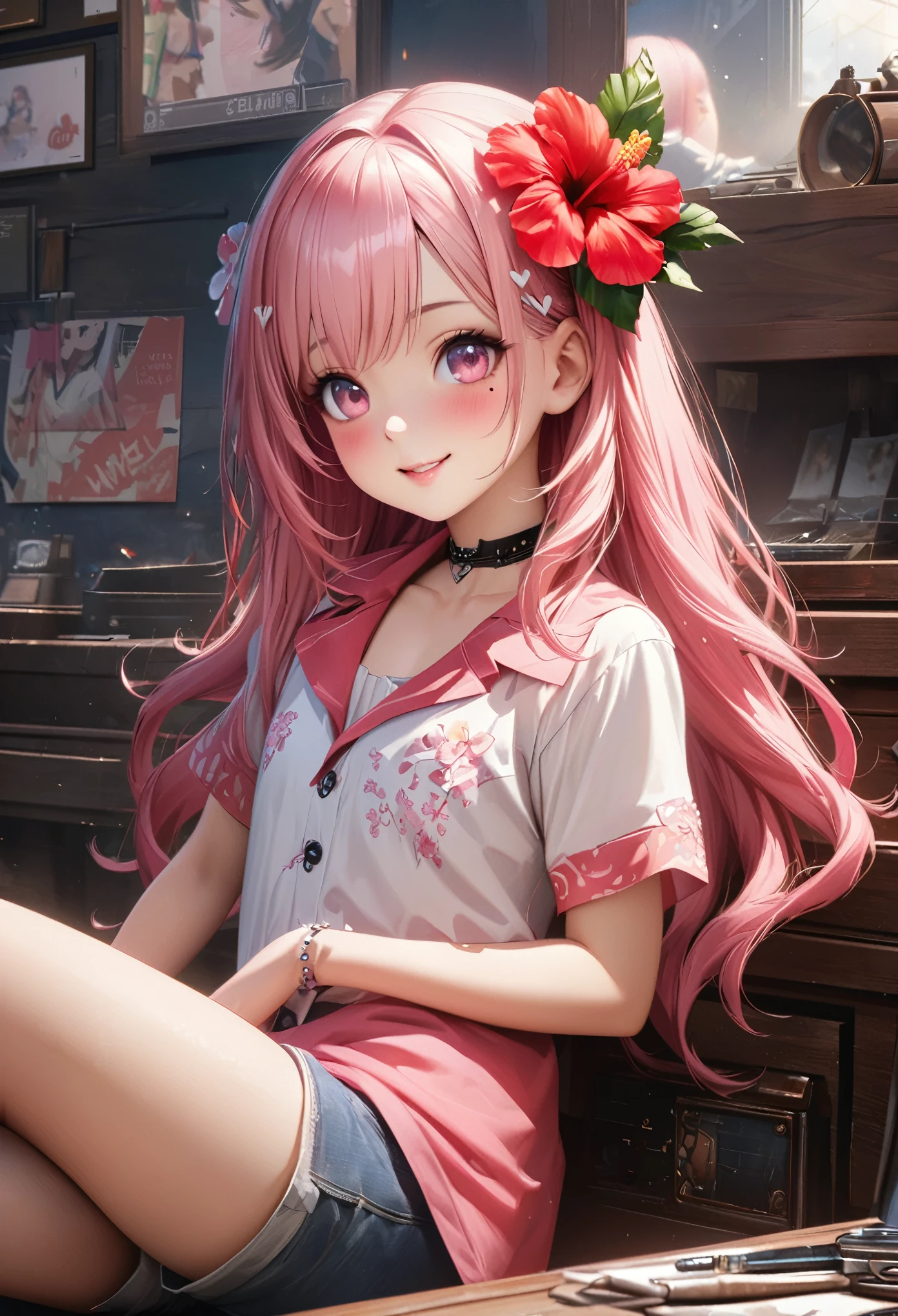 masterpiece, highest quality, Very detailed, High resolution, Expensive resolution, High resolution, 4K, 8k, unity 8k wallpaper, Very detailed CG, masterpiece,  Realistic、 Beautiful details, depth, Fine texture, highest quality: 1.3, Total concentration, Crisp skin, he, Very cute anime, Cute like an idol, expensive pink long hair, One Girl, Aloha shirt and shorts, noon、 Hibiscus Hair Accessories, Smiling long pink hair, whole body, Mole under  eye, Line Sight, expensive, blush, Lips parted, heart, Pink Eyes, choker