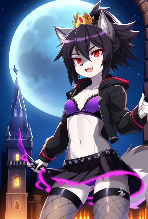 furry girl, wolf, black hair, punk hairstyle, long ponytail, anime style, small breasts, red eyes, black hoodie jacket, open clothes, punk bra, black skirt, net tights, princess crown, Castle tower, night Sky, moon, stars, high quality, detailed body, detailed eyes, detailed face, masterpiece, glistening body, detailed body fur, best quality, two tone body, gray fur, clear gray fur, skinny, fangs, holding a grimorie, hand palm whit purple fire magic, conjuring a magic, magic stance, :D, sassy face,