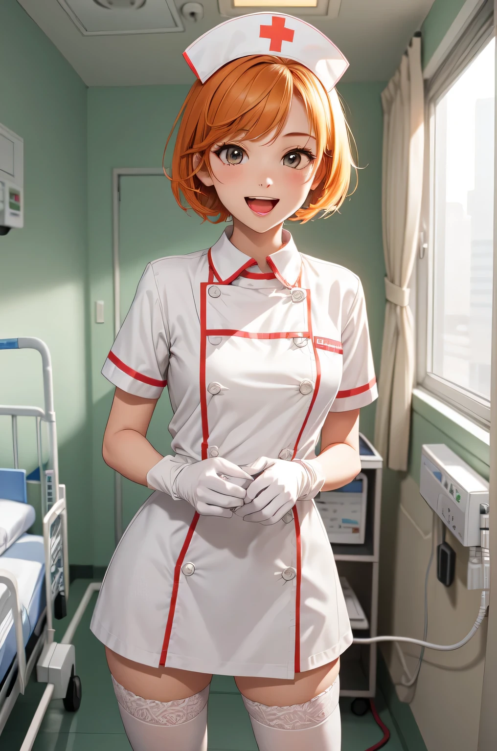 1girl, solo, nurse, nurse cap, white nurse uniform, ((white legwear, zettai ryouiki)), white gloves, very short hair, orange hair, smile, open mouth, standing, ((hospital room)), sharp outline, short sleeves, tomboy, boyish, best quality, masterpiece