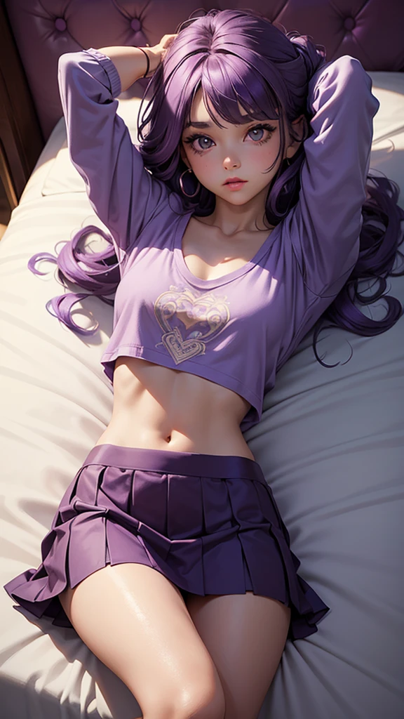 (masterpiece), (best quality), (detailed), light layer, 1solo girl, young girl, perfect body, purple hair in curls, defined large chest, small waist,defined collarbone, ultra realistic, photorealistic, detailed, ,Enhance, wearing an anime shirt and mini skirt, bedroom background, lying on her back on he bed, op view, arms behind head