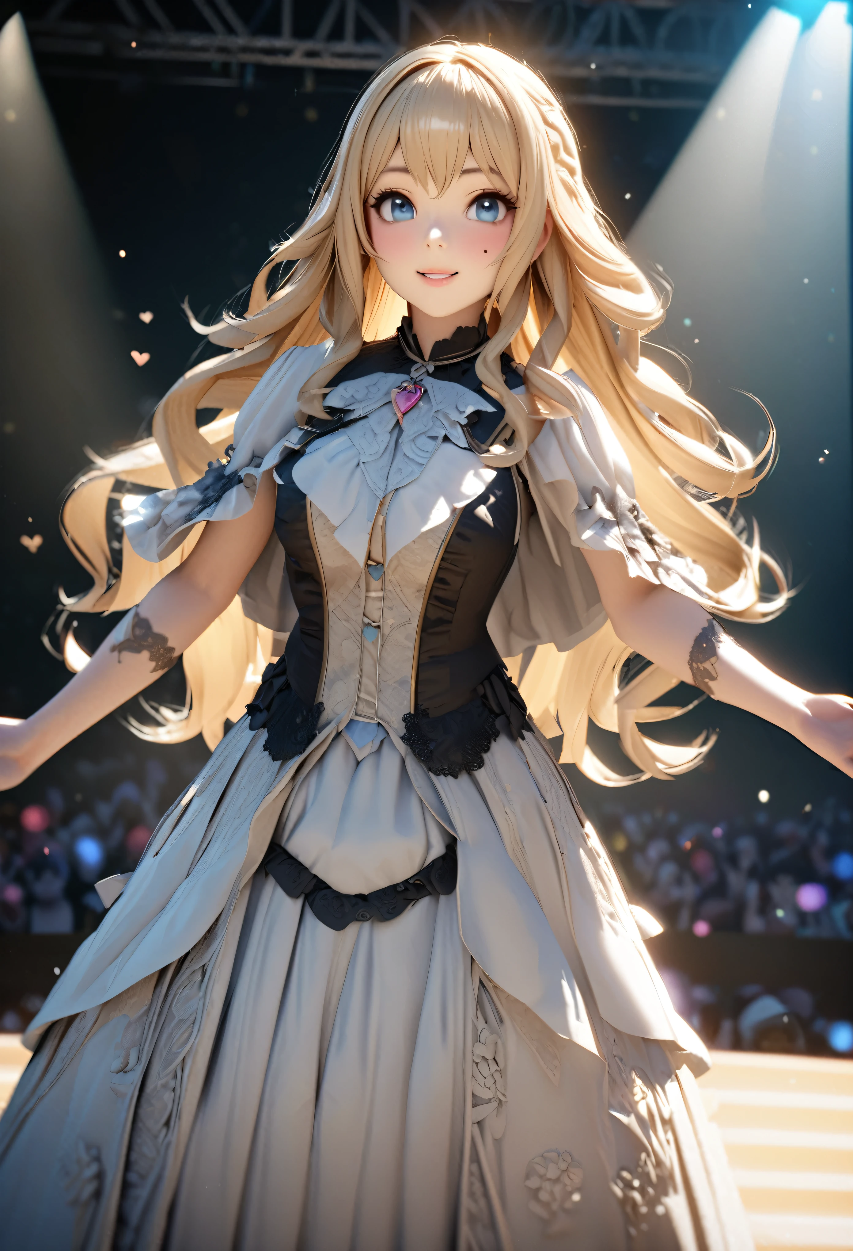 One Girl、Looking at the audience、
Beautiful Blue Eyes、Blonde Long Hair、Mole under the eye、Plump and glossy lips、Heart-shaped choca、Idol、smile、ー、。.。.。.。.。.。.。.。.。.。.。.。.。.。.。.。.。.。.3D、Realistic、
Princess dress with too many frills、Drape clothes、gem、The decoration has been removed、Floral、Lace trim、bright stage、
masterpiece、highest quality、8k、Detailed skin texture、Detailed cloth texture、Beautifully detailed face、Intricate details、Very detailed、
超A high resolution、8K Ultra HD、Film Grain、Best Shadow、delicate、Staring at the audience、front