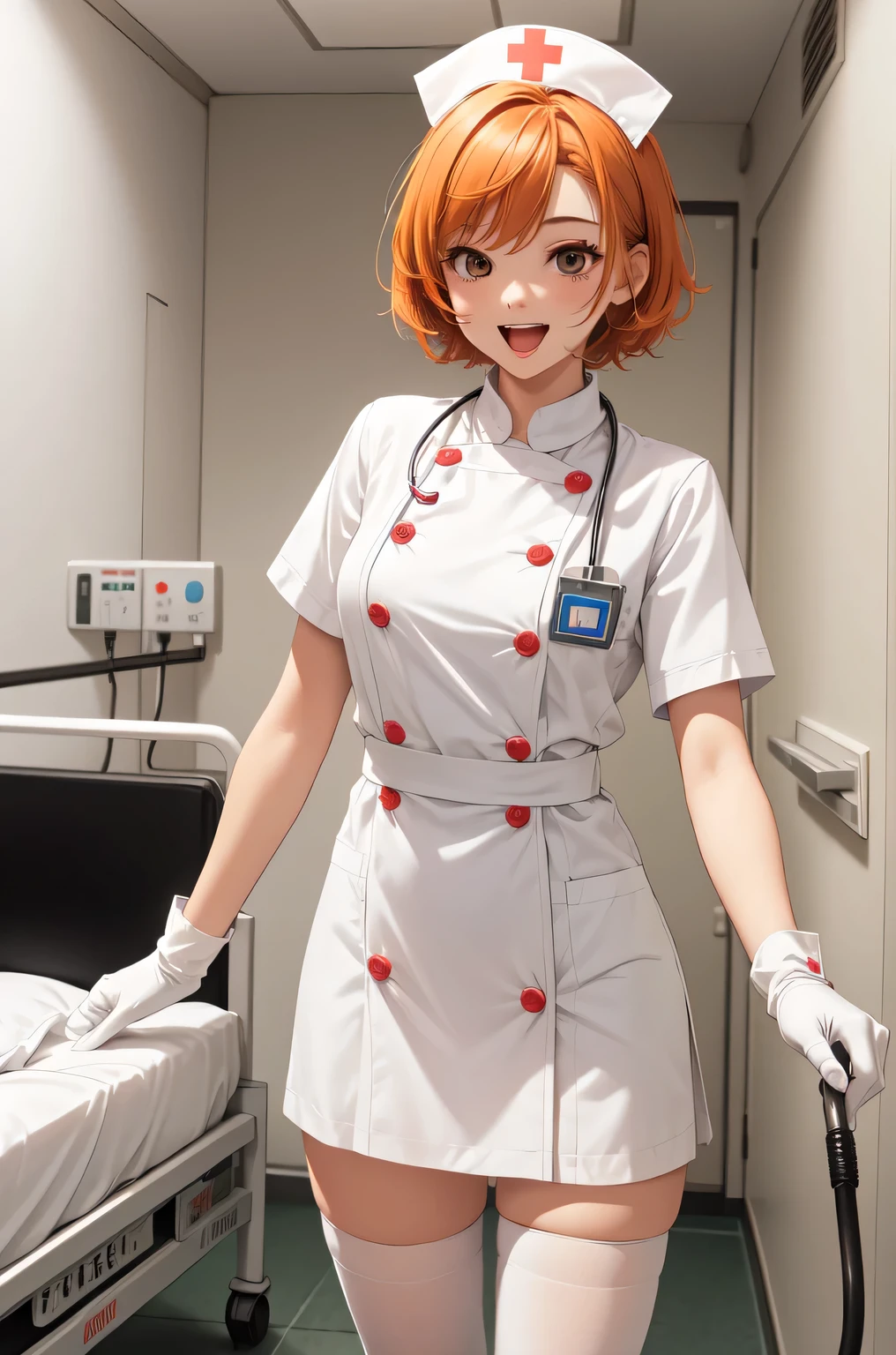 1girl, solo, nurse, nurse cap, white nurse uniform, ((white legwear, zettai ryouiki)), white gloves, very short hair, orange hair, smile, open mouth, standing, ((hospital room)), sharp outline, short sleeves, tomboy, boyish, best quality, masterpiece