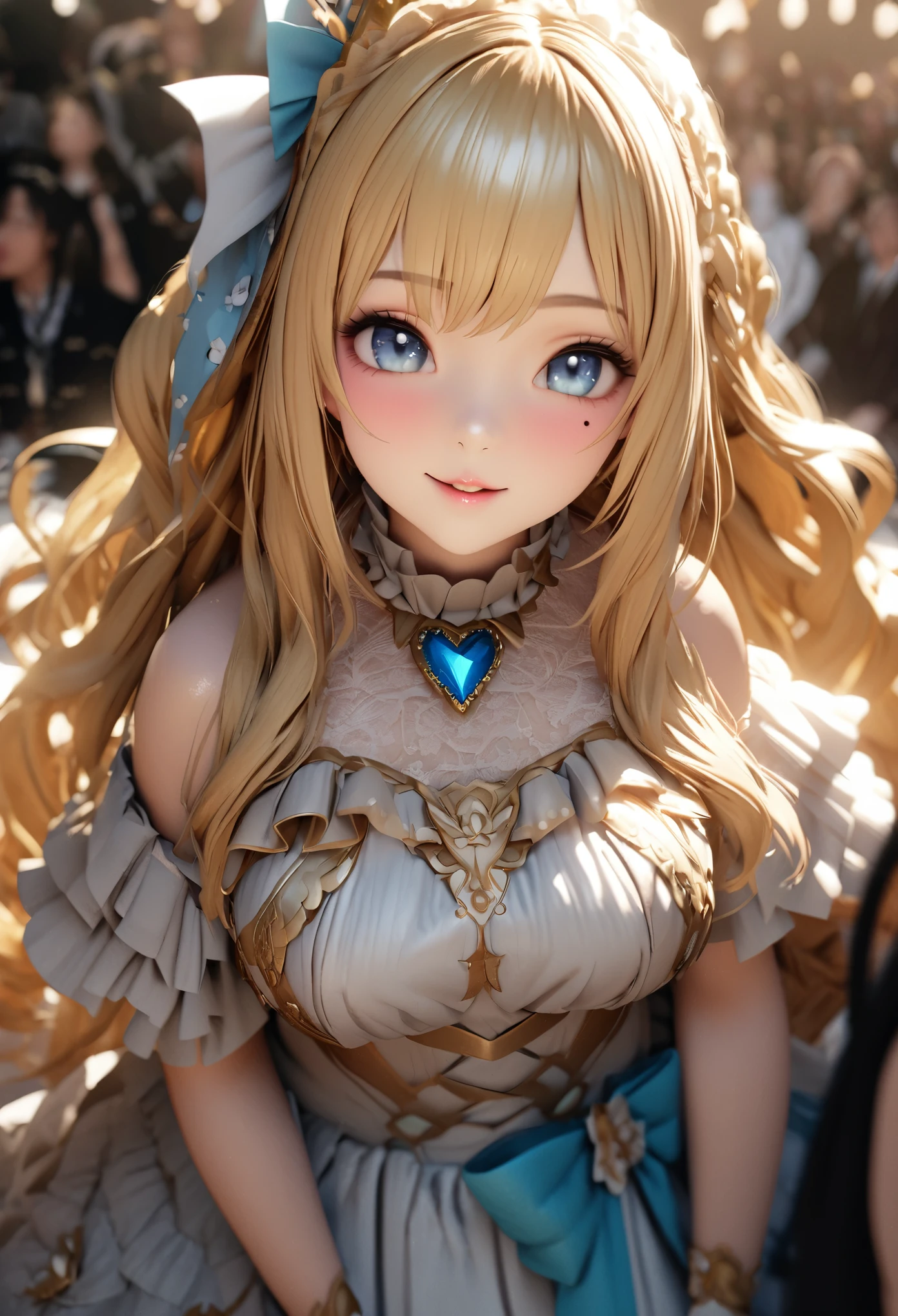 One Girl、Looking at the audience、
Beautiful Blue Eyes、Blonde Long Hair、Mole under the eye、Plump and glossy lips、Heart-shaped choca、Idol、smile、ー、。.。.。.。.。.。.。.。.。.。.。.。.。.。.。.。.。.。.3D、Realistic、
Princess dress with too many frills、Drape clothes、gem、The decoration has been removed、Floral、Lace trim、bright stage、
masterpiece、highest quality、8k、Detailed skin texture、Detailed cloth texture、Beautifully detailed face、Intricate details、Very detailed、
超A high resolution、8K Ultra HD、Film Grain、Best Shadow、delicate、Staring at the audience、front
