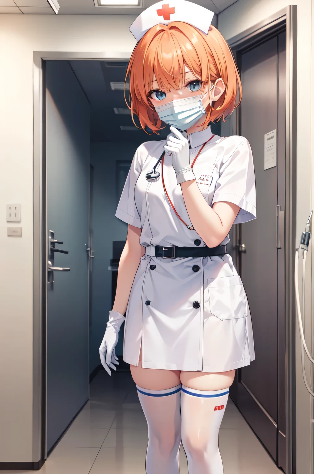 1girl, solo, nurse, nurse cap, white nurse uniform, ((white legwear, zettai ryouiki)), white gloves, very short hair, orange hair, ((white surgical mask, covered nose)), standing, ((hospital room)), sharp outline, short sleeves, tomboy, boyish, best quality, masterpiece