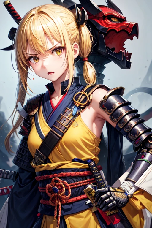1 girl yellow hair in pigtail small breasts
angry look in her eyes
Oni mask on her face and shoulder armour
Bandaged wound on arm
wearing samurai armor combined with mechanical parts
Holding katana in hand and one katana strapped on her back