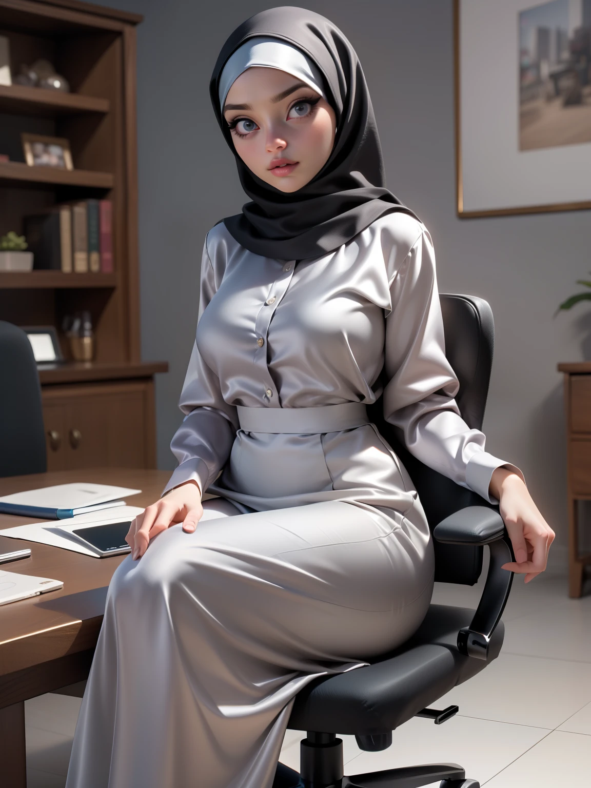 ((Masterpiece, best quality, photography, detailed skin, realistic, photo-realistic, 8k, highly detailed, full length frame, High detail RAW color art, diffused soft lighting, shallow depth of field, sharp focus, hyperrealism, cinematic lighting, hijab, a woman in a beautifully makeup, smokey eyeshadow, beautiful big eyes, long eye lashes, wearing (Dark pewter satin hijab), loosely tide hijab style, ((Taupe satin shirt)), Taupe satin long maxi skirt, sitting on office chair, elegant pose