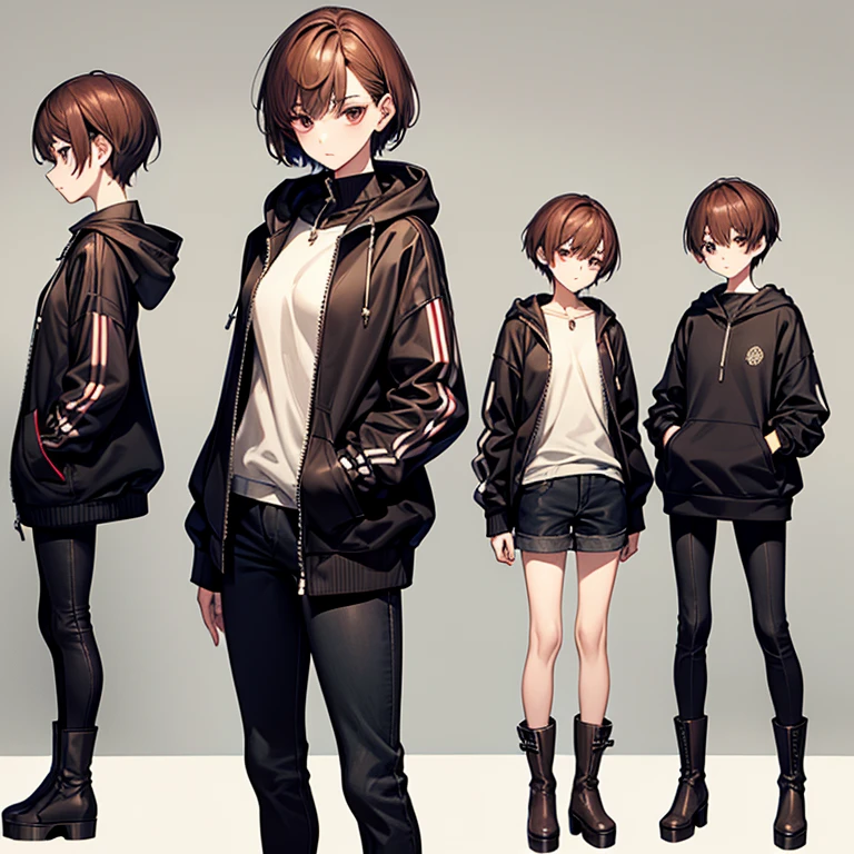 masterpiece、Subtle details、Slender beauty、Put on the hood、slim、Small breasts、Sharp eyes、younger sister、Pixie Cut、Short nape、Oversized zip-up jacket（hoodie）、Tight skinny pants、Platform boots、Reddish brown hair、