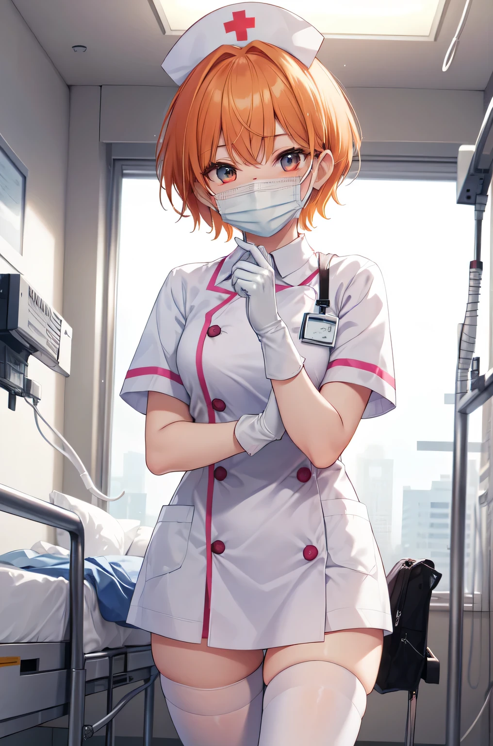1girl, solo, nurse, nurse cap, white nurse uniform, ((white legwear, zettai ryouiki)), white gloves, very short hair, orange hair, ((white surgical mask, covered nose)), standing, ((hospital room)), sharp outline, short sleeves, tomboy, boyish, best quality, masterpiece