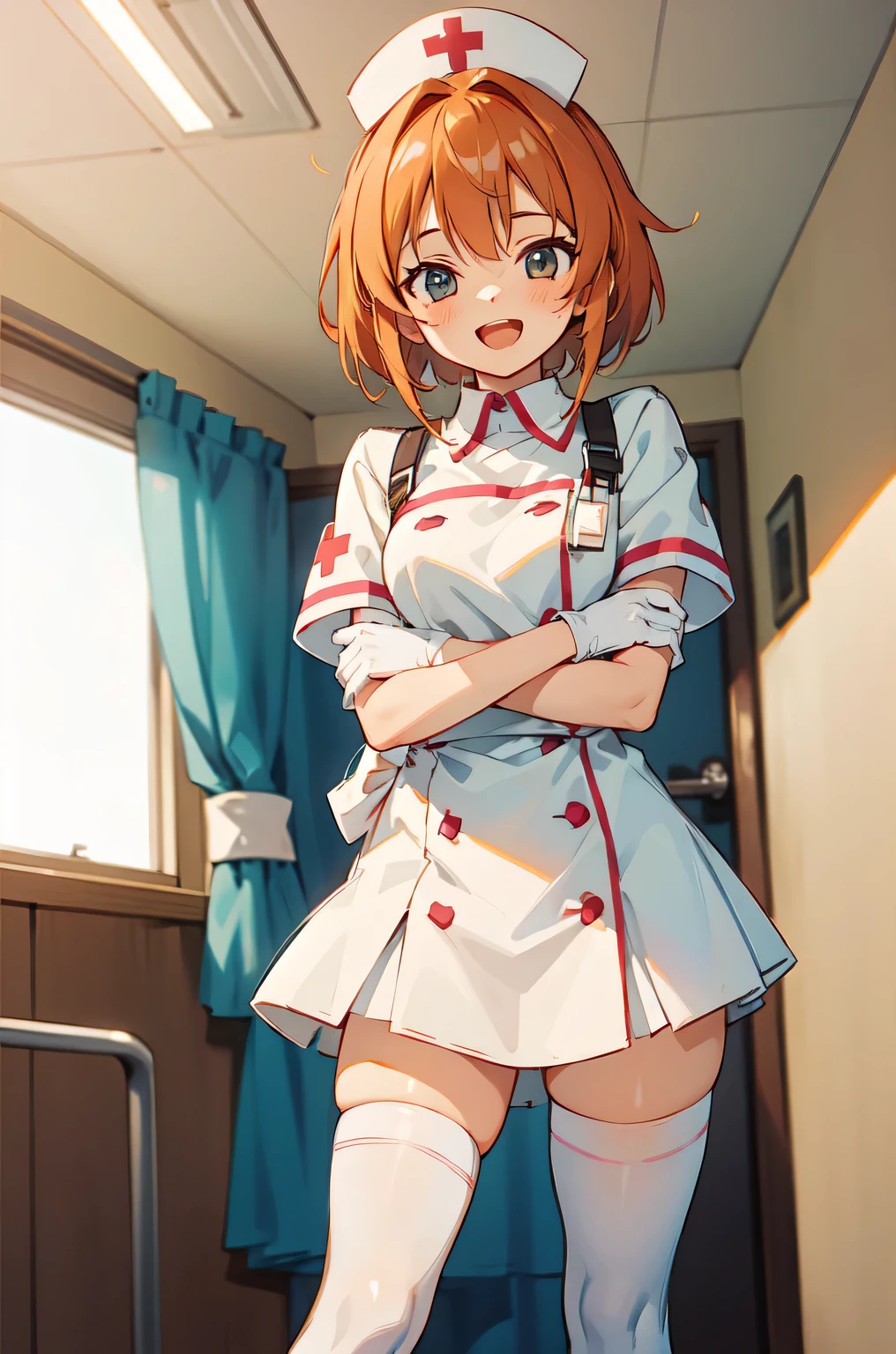 1girl, solo, nurse, nurse cap, white nurse uniform, ((white legwear, zettai ryouiki)), white gloves, very short hair, orange hair, smile, open mouth, standing, ((hospital room)), sharp outline, short sleeves, tomboy, boyish, best quality, masterpiece