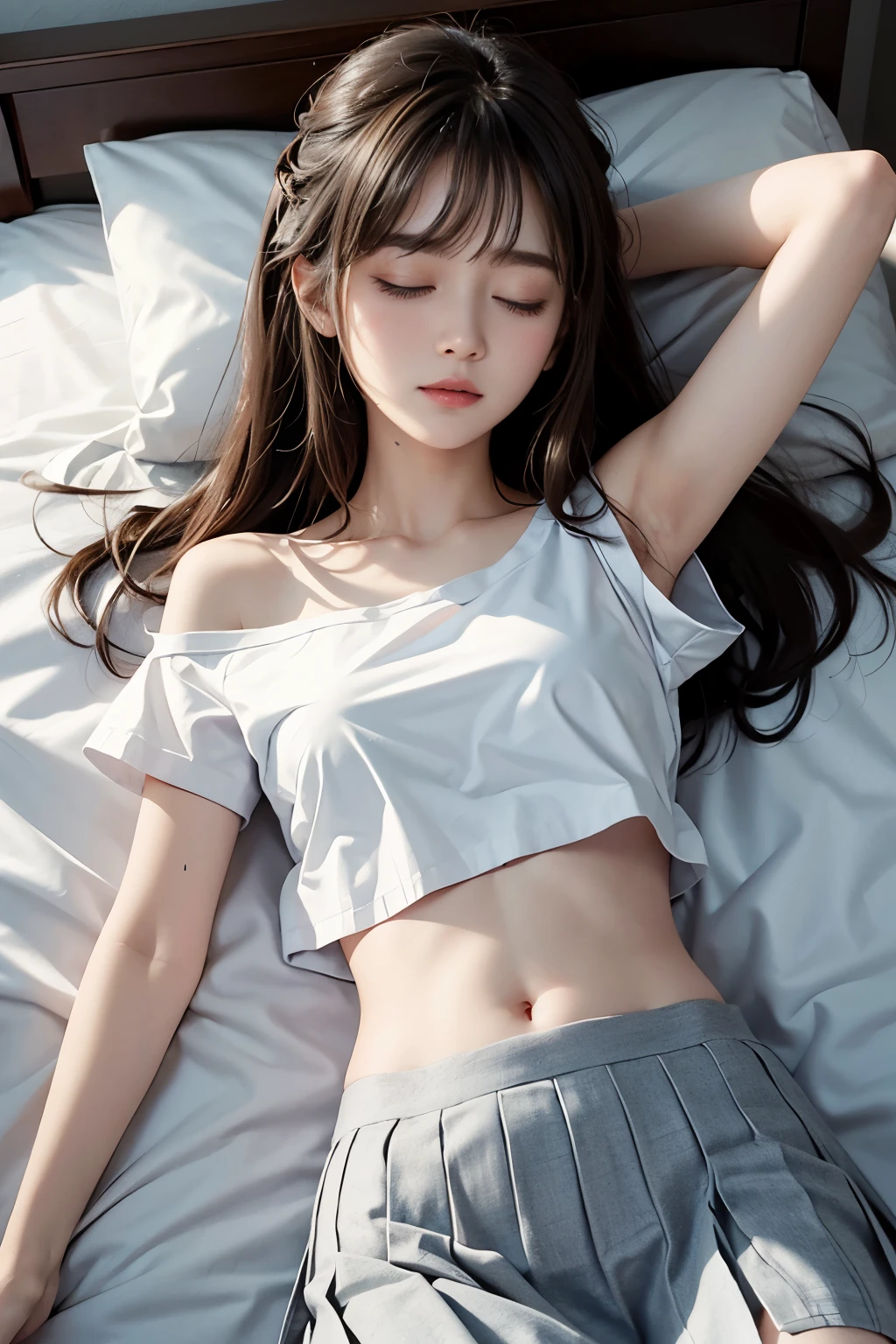 sleeping girl, 19 years old, realistic, in underwear, in the middle of changing, brown hair, fair skin,