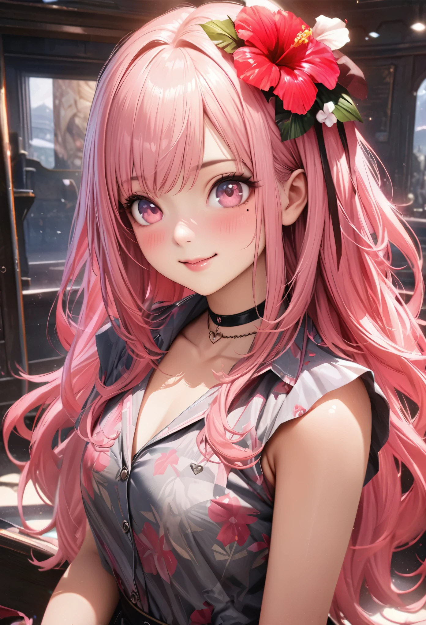 masterpiece, highest quality, Very detailed, High resolution, Expensive resolution, High resolution, 4K, 8k, unity 8k wallpaper, Very detailed CG, masterpiece, Realistic、 Beautiful details, depth, Fine texture, highest quality: 1.3, Total concentration, Crisp skin, he, Very cute anime, Cute like an idol, expensive pink long hair, One Girl, Aloha shirt and shorts, noon、 Hibiscus Hair Accessories, Smiling long pink hair, whole body, Mole under eye, Line Sight, expensive, blush, Lips parted, heart, Pink Eyes, choker