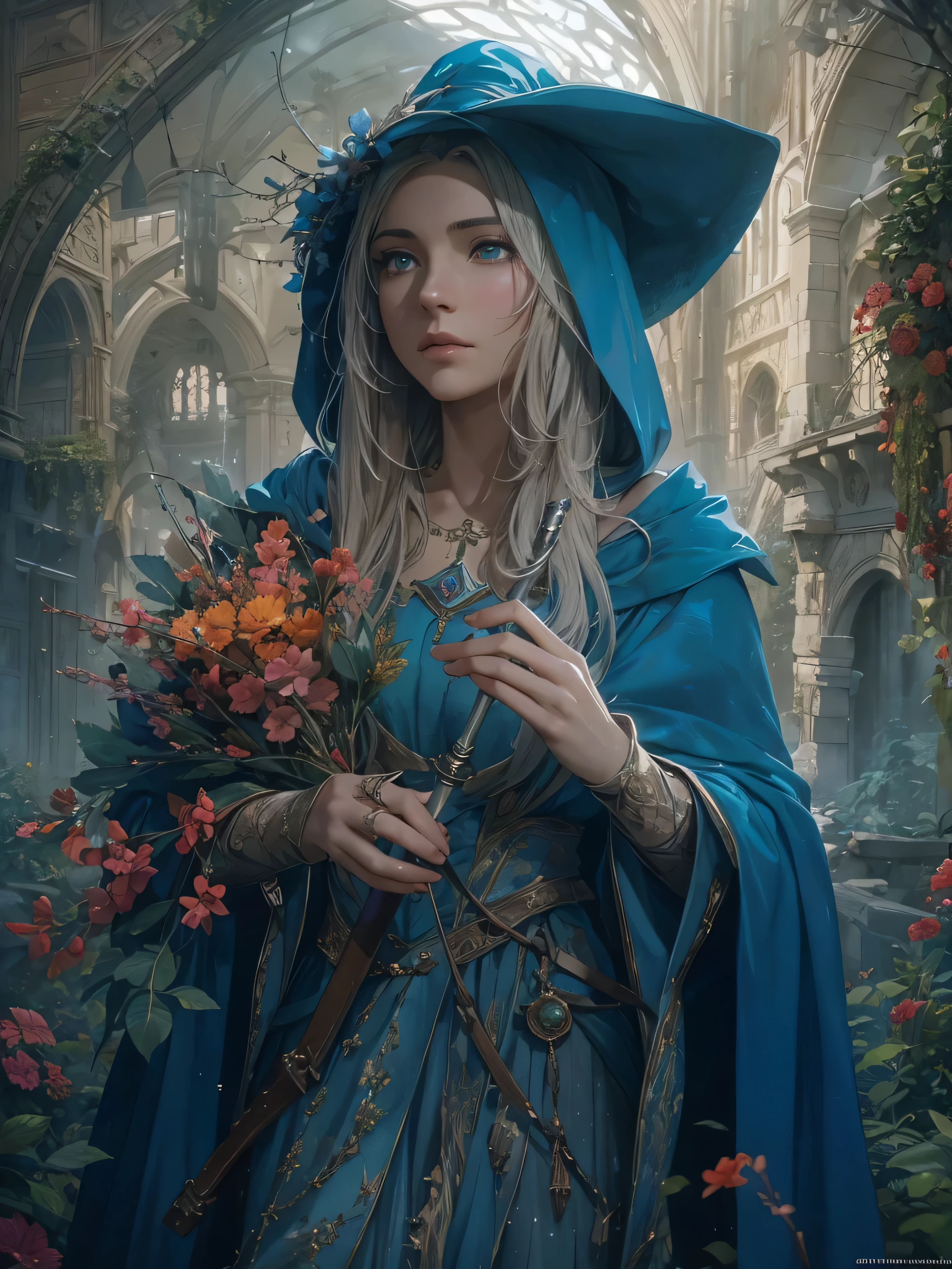 (by Greg Rutkowski: 1.2), (masterpiece), ((best quality)), extremely delicate and beautiful, illustration, (fantasy landscape), A mesmerizing fantasy with enchanting elements blending seamlessly. ((a young woman (European medieval magician),Wearing a mage hat,Wearing a blue mage robe,Hands holding a magic wand,Stand among the floweredium shot composition,full body shot)), HD. elegance. photorealism. Unreal engine. From Brian Froud and Carne Griffiths and Wadim Kashin and John William Waterhouse, 8K post-production, high resolution, hyperdetailed, depth of field, HDR, intricate