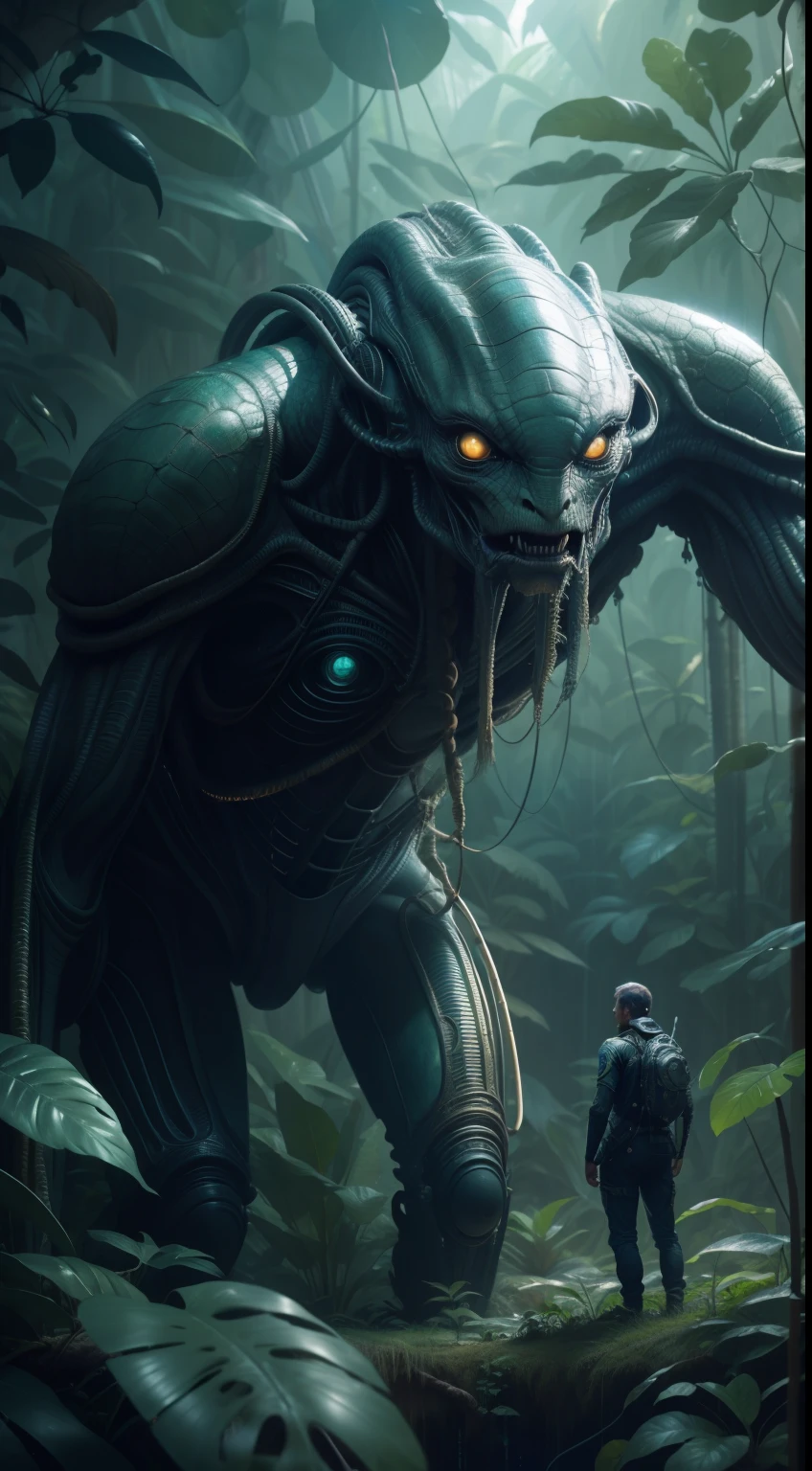 "An alien guest meets a man" in a jungle environment, Highly detailed, Extremely detailed, delicate detail, crisp quality, ultra realistis, A hyper-realistic, surrealism, Dark art, Cinematic, thousand., A still from Steven Spielberg's epic film, sharp-focus, Smoke, ArtStation Hyperrealism Painting Concept Art Detailed Character Design,