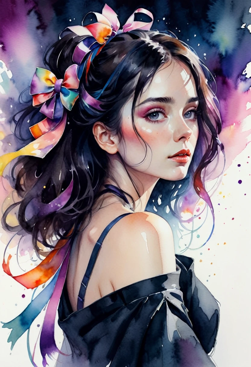 (8k, best quality, masterpiece:1.2),(best quality:1.0), (ultra highres:1.0), watercolor, a beautiful woman, shoulder, dark hair, hair ribbons, by agnes cecile, half body portrait, extremely luminous bright design, pastel colors, (ink:1.3), autumn lights,