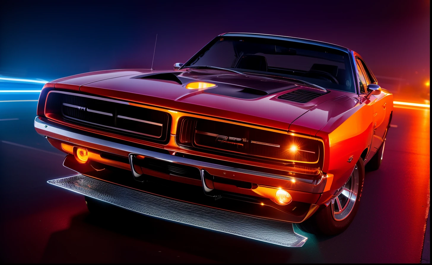 A dodge Charger color orange the streets of city miami, Exquisite detail, taken with long exposure to capture the movement of cars and people,insane detail, , 8k, photography, Sony Alpha, Canon 5D, Fujifilm xt100 