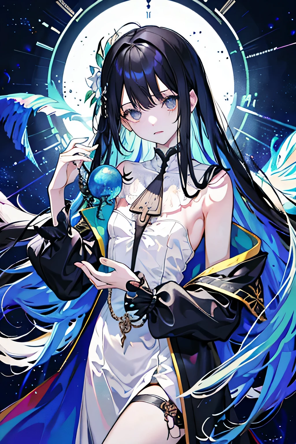 (masterpiece), (highest quality:1.1), (Very detailed:1.1), (Very delicate and beautiful), (The ultimate frustration:1.2)、(anger:1.0)、One Girl、Black-haired、(Tattoo on chest)、Long Hair、Heavy bangs、Rainbow Inner Hair Color、Flat Chest、hoodie、glitter、(Florium)、A vivid face、real skin、high resolution、hourglass, Abstract world, (Pocket watch), Equipment, Twisting and distortion of space, (Intricate and detailed), Where time rules