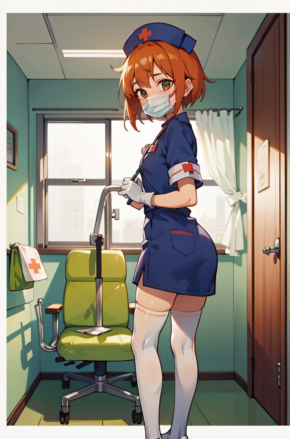 1girl, solo, nurse, nurse cap, white nurse uniform, ((white legwear, zettai ryouiki)), white gloves, very short hair, orange hair, ((white surgical mask, covered nose)), standing, ((hospital room)), sharp outline, short sleeves, tomboy, boyish, best quality, masterpiece