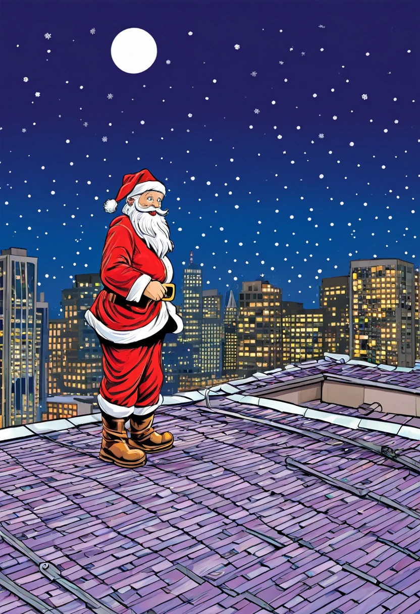 Santa Claus on rooftop, cartoon,