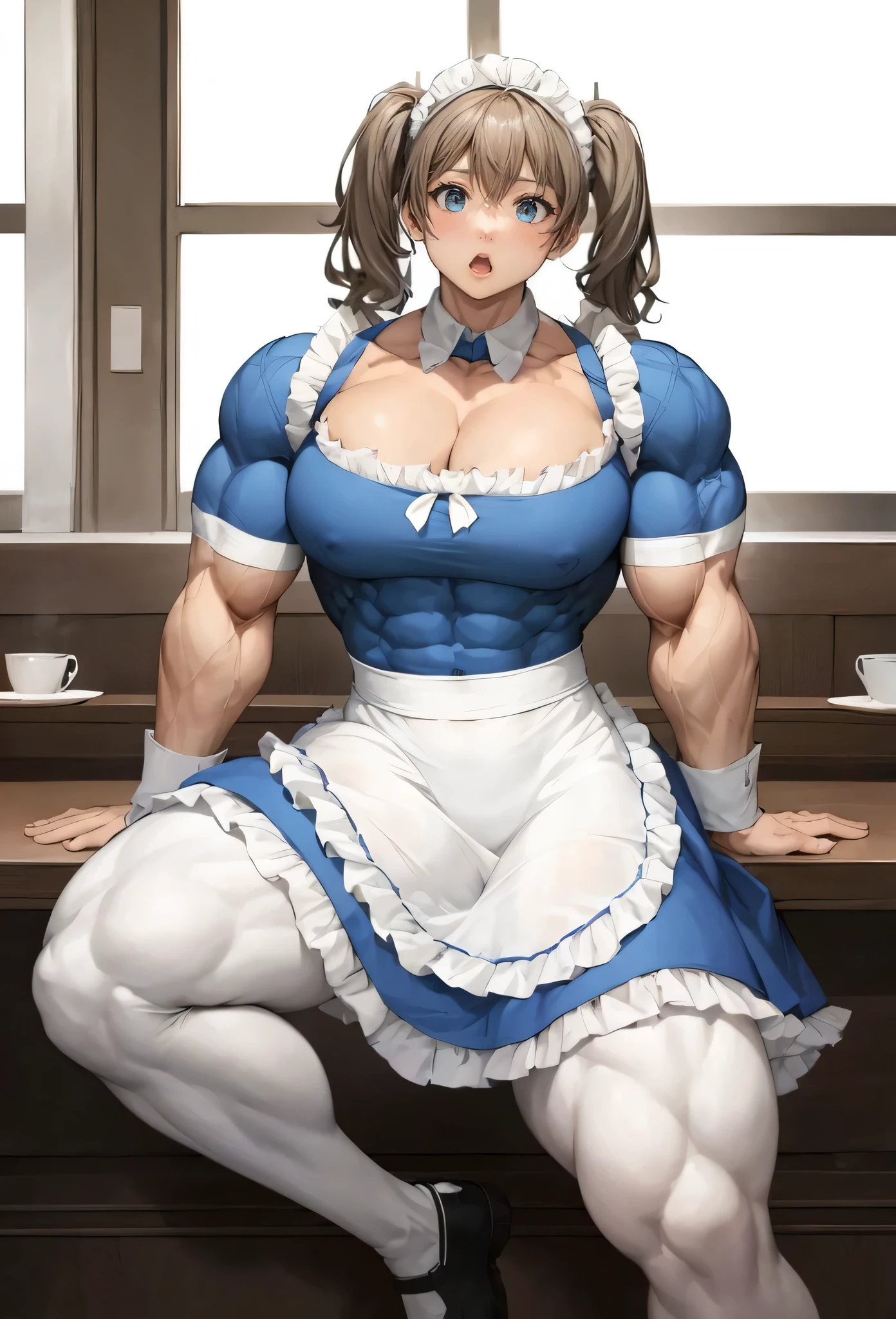 ,girl,, muscular female, alternate muscle size,,muscular ,biceps,muscular thighs,white pantyhose,,open mouth,twintails